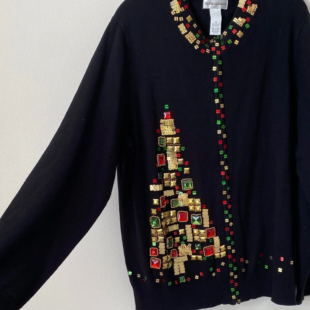 Festive Black Cardigan with Gold and Red Accents - Picture 4 of 8